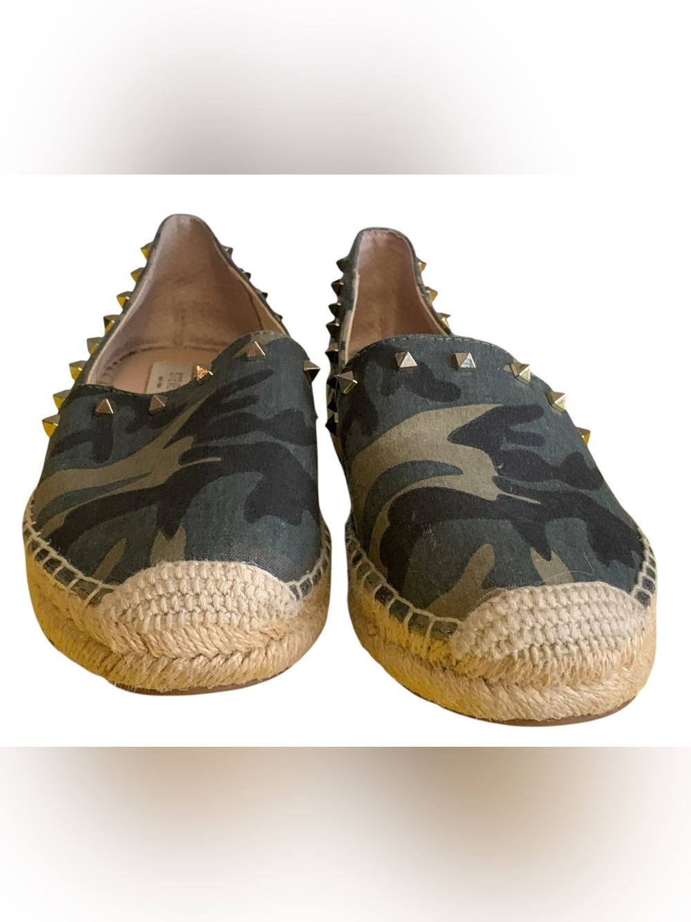 Steven Steve Madden Erie Camo Espadrille Shoes Gold Tone Studs Size 7.5 Slip Ons